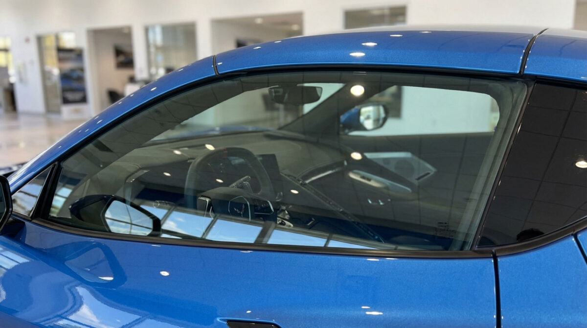 Blue car side window with no tint film