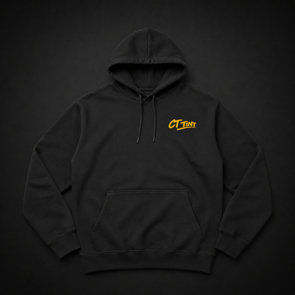 Black CT Tint Just Got Tinted hoodie front with yellow CT Tint chest logo